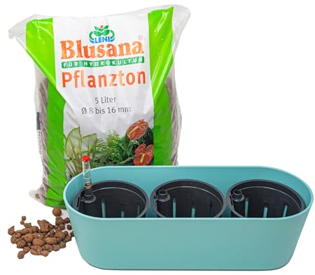 Leni Flori Jardiniere Blumentopf länglich 36 cm Light/hell türkis Hydrokultur-Komplett-Set mit Übertopf Hydro-Töpfen Wasserstandsanzeiger & Pflanzton