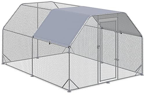 PawHut Hühnerstall Freilaufgehege, 280 x 380 x 195 cm Hühnerkäfig mit Tür, Hühnergehege mit Wasserabweisendem Sonnenschutzdach, Geflügelstall für 10-12 Hühner, Oxford, Silber