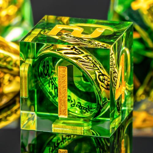 KERWELLSI Sharp Edge Resin Ring DND Dice Set with Gifts Box, Green Polyhedral Dice, 7Pcs Role Playing Game Dice D20 D12 D10 D8 D6 D4