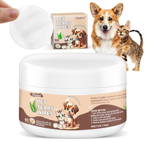 Glaublieb 60pcs Lingettes Nettoyantes pour Chien et Chat, Lingettes pour Nettoyer pour Animaux Domestiques, pour Zones sensibles, Oeil, Oreille, Pattes (60pcs)
