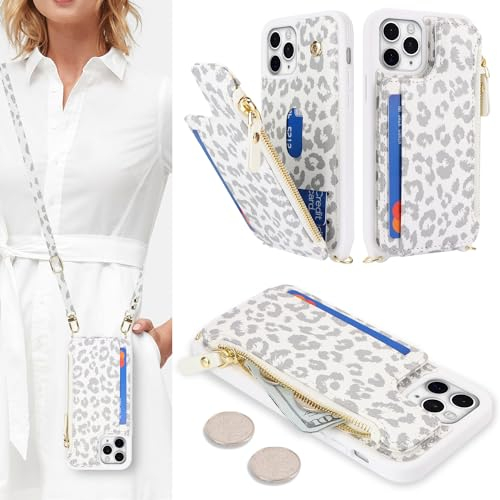 SailorTech Handyhülle für iPhone 11 Pro Max Etui mit Kartenfach, iPhone 11 Pro Max Hülle mit Verstellbarer Halskette, iPhone 11 Pro Max Handytasche mit Reißverschluss Geldbörse - Weißer Leopard