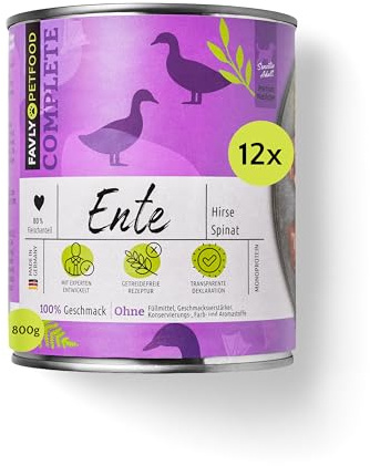 FAVLY Nassfutter für Hunde Ente 12x800g, Monoprotein & glutenfrei | Mit Hirse, Birne & Spinat, 68% Frischfleisch in Lebensmittelqualität, Schonkost für Allergiker & sensible Hunde