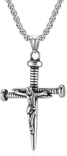 Cupimatch Collana Uomo Crocifisso Argento: Ciondolo Forma Chiodo Gesù Cristo in Acciaio Inossidabile Croce - Regalo per Battesimo Cristiano Pasqua Halloween Natale
