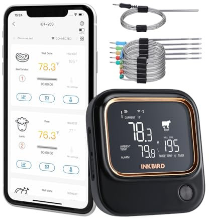 Termometri da Cucina BBQ Thermometer IBT-26S Bluetooth Wi-Fi with 4/6 Food-Grade Probes App Control USDA Meat Presets Alarm Timer Backlit LCD (Color : 5G 6 Probes)