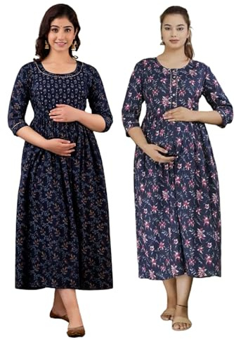 MAGHMA Women Maternity Cotton Printed Feeding A-Line Kurti Dress for Women (Po2-Gown-005), Blue Booti / Navy Blue, XL