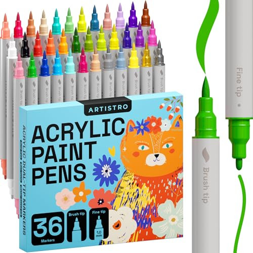 Artistro 36 Feutres Acryliques, Art Set Stylo Feutre Acrylique Double Pointe, Marqueurs Acryliques pour Tissu, Toile, Pierre, Verre, Bois, Papier, DIY, Marqueurs de Peinture, Multicolore