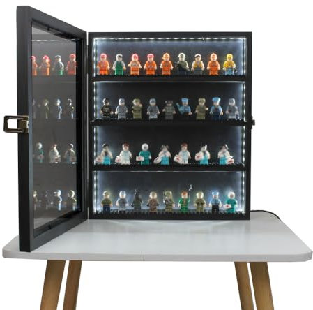 Display Case for Figures,,Display Case with Shelves ,Minifigure Display Case Comes With Small Pellet Base Plate,colour Changing Lights,Lockable Removable Shelves Black