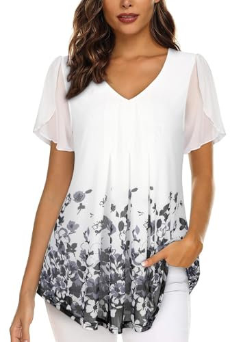 ACDAY Chiffon Blouses for Women UK Floaty Tops for Women UK Short Sleeve Tunic Tops Ladies Elegant V Neck Going Out Tops Long Tops to Wear with Leggings Black Coffee