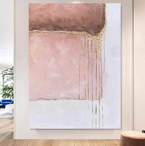 Moderne Wandmalerei - Leichte, Luxuriöse 3D-Malerei Mit Abstrakter Rosa Geometrie Und Goldfolienstruktur, Leinwandbild, Minimalistisches, Handgemaltes Wandkunstwerk Für Die Treppe Zu Hause, Wie A