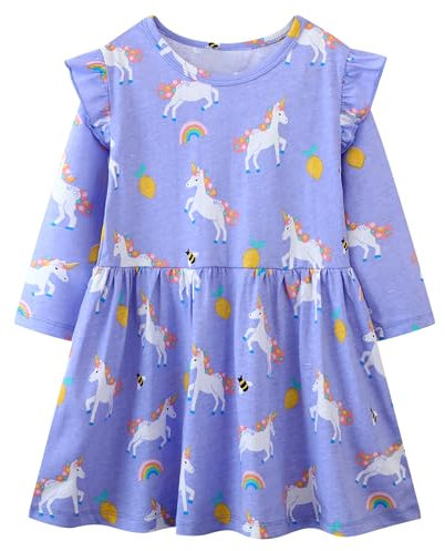 FILOWA Vestito per Bambina Ragazza Viola Unicorno Arcobaleno Stampa Cotone Abito Manica Lunga Cartoon Ricamo Abiti Animale Moda Vestiti Primavera Autunno Festa Compleanno per Regazze Bambini 6-7 Anni