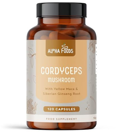 Cordyceps Kapseln hochdosiert | 1000mg Pilz Extrakt (4:1) pro Tagesdosis (4000mg Cordyceps) | Pilze mit Zink, Maca und Ginseng für Fokus und Immunsystem | Vegan | 120 Stück | Alpha Foods