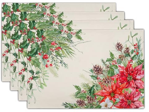Giwawa Weihnachtsstern-Tischsets, 4er-Set, 30,5 x 45,7 cm, Aquarell, Weihnachten, rotes Blumenmuster, Leinen, Tischmatten für Küche, Esszimmer, Winter, Stechpalme, Beere, Tannenzapfen, waschbar,