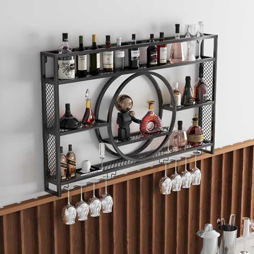 Weinregal Wand Metall Flaschenregal Schmal Wine Rack Bar Regal Wand mit Weinglashalter Getränkeregal mit LED-Licht Weinständer Esszimmermöbel für Bartheke Wohnzimmer Küche Home Bar(Nero,140cm/55.11in)