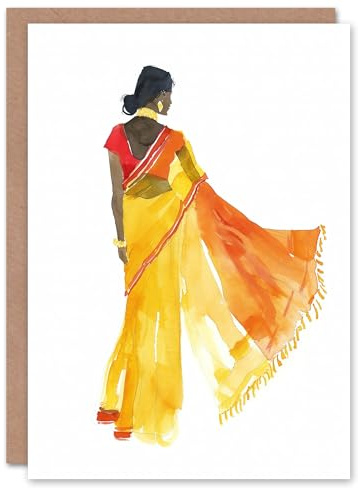 Artery8 Greeting Card Woman in Orange Yellow Saree Hindu Muslim Skirt For Her Woman Birthday Card