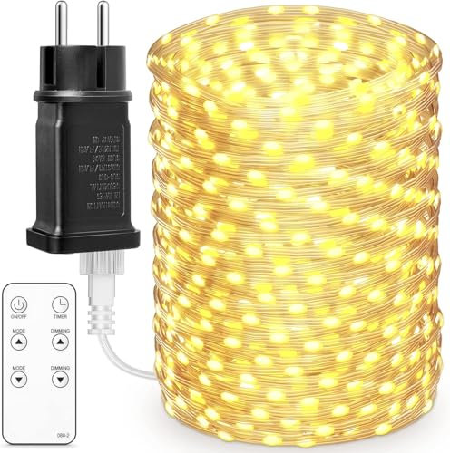 BESCOST Guirlande Lumineuse 100 LED, Guirlande Lumineuse Extérieure 10m avec 8 Modes IP44 étanche pour Terrasse, Jardin, Arrière-cour, Décoration, Blanc Chaud