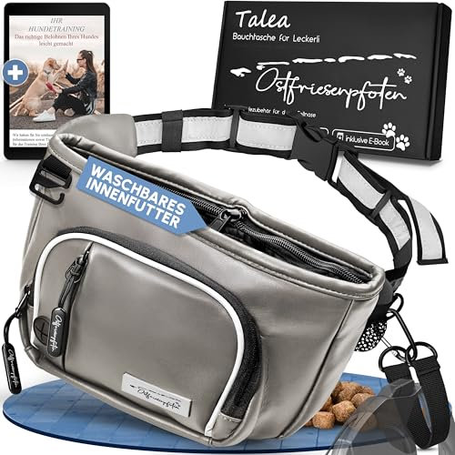 Ostfriesenpfoten® Leckerli-Bauchtasche 'Talea' für Hunde aus Kunstleder mit Einhandmagnetverschluss - Leckerlibeutel inkl. wechselbarem Innenfutter - Bauchtasche für Hundezubehör - Grau