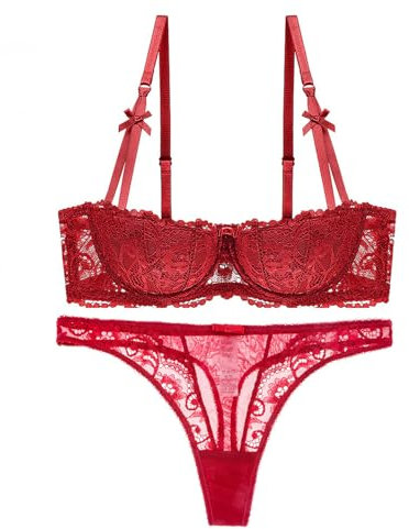ALDOLA Support Bra Underwear Sets red Women's Floral Lace Bra Underwire Soft Cup Low Back Bra Half Coverage Bra (Size:85C)