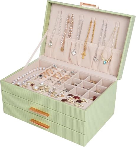 Dajasan Schmuckkästchen, Schmuckaufbewahrung, 3 Ebenen Groß Schmuckkasten Damen, 2 Schubladen, Schmuck Geschenk Box für Weihnachten, Geburtstag, Neujahr (Grün)