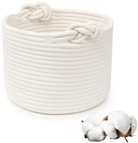 Cestini Portaoggetti in Corda di Cotone, Cesto Portaoggetti con Maniglia, Organizzazione Cestini Portaoggetti Piccoli Cesti per Giocattoli per Camera da Letto, Bagno (Bianco)