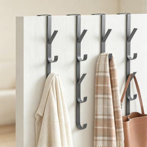 KEGOZ Over The Door Hooks, 4Pcs Stainless Steel OverDoor Hook Towel Hanger, 5 Hooks Door Hanger Hook for Bathroom Clothes Coat Hats Bags Towel (Grey)