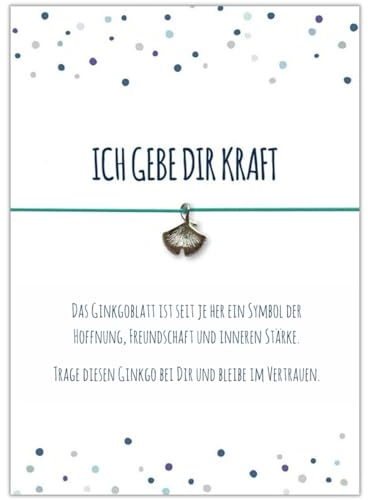 Glücksschmiedin – Kraft Geschenk Armband in Schwarz mit Ginkgo-Anhänger & Spruchkarte – Mutmacher & Glücksbringer für Prüfungen & schwere Zeiten – Handgefertigt in Deutschland