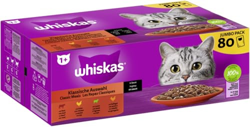 WHISKAS® Multipack Portionsbeutel 1+ Klassische Auswahl 4 Varietäten Rind, Huhn, Lamm, Geflügel in Sauce 80x85g