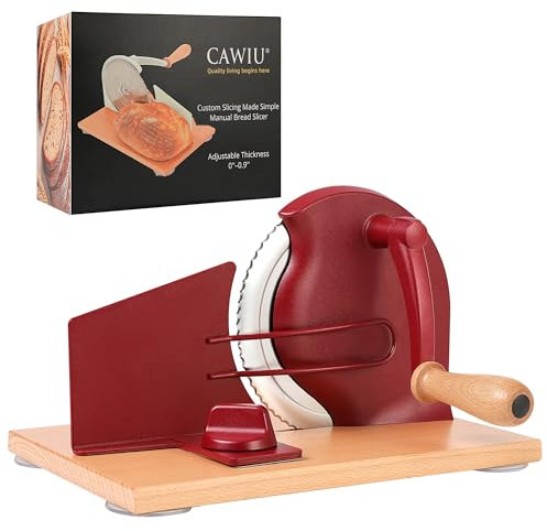 CAWIU Upgraded Manual Bread Slicer with Safety Cover – Adjustable Thickness Hand Crank Bread Cutter for Homemade Sourdough with Stainless Steel Blade, Slicing Guide & Suction Cups (Red)