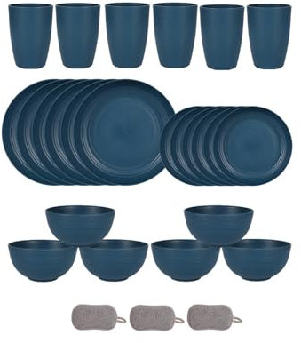 Set di Posate in Plastica da 24 Pezzi Per 6 Persone Ciotole Piatti e Bicchieri Infrangibili Posate da Picnic Colorate e Riutilizzabili Adatto al Microonde e Alla Lavastoviglie (Blu scuro)