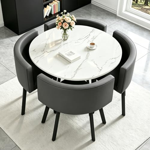 AMZSEW Round Dining Table and 4 Chairs Set - for Kitchen Space Saving | 90cm Round Dining Table with 4 PU leather Chairs - Black metal legs, for Dining Room Living Room Apartment Restaurant Gray