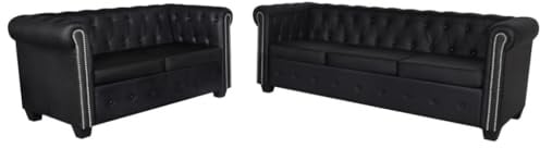 Massbinet Chesterfield Sofas 2 Sitzer und 3 Sitzer Vintage Echtleder Couch Bürosofa Polstermöbel Kunstleder Schwarz