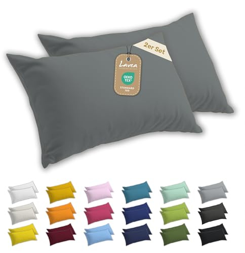 Lavea® 2er Set Kissenbezug 50x70, Kissenhülle Sparpack, 100% Baumwolle Jersey, Kissenbezug Baumwolle, Kissenbezüge 2 Stück, Oeko-Tex Zertifiziert, YKK-Reißverschluss, Hautfreundlich, Mittelgrau