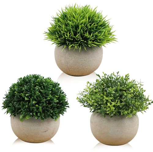 Hsyadazi Lot de 3 mini plantes artificielles en pot pour bureau - Plantes artificielles avec pot gris en plastique - Idéal pour le bureau et la maison