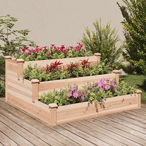 SKTQYQO Jardinière surélevée de jardin en bois massif, sapin 120 x 120 x 56 cm, lit de culture avec design à échelle et fond ouvert pour plantes, légumes et fleurs, structure durable