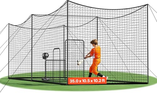 VEVOR Baseball Batting Cage, 35.0 x 10.5 x 10.2 FT Carbon Steel Freestanding Portable Batting Cage, Hitting Cages with 45-Ply Knotted HDPE, Battings Cages Netting for Indoor Outdoor