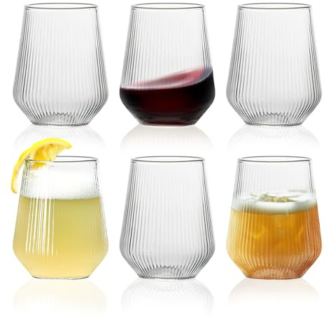 6pcs 460ml Ribbed Highball Glasses Tall Hi Ball Glass Water Gin Juice Cocktail Drinking Glassware Origami Style Fluted Ripple Beverage Tumblers Set, Ideal for Home, Restaurant, Events & Parties