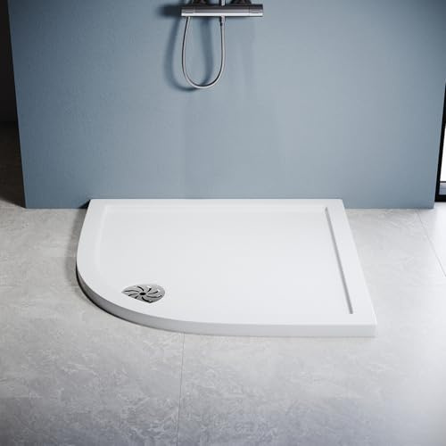 ZANOFIRA 900 x 900mm Quadrant SMC Shower Tray White Anti-Slip Slimline 40mm Lightweight Shower Base with 90mm Waste Trap & Stainless Steel Drain Cover for Corner Shower Enclosure Wet Room