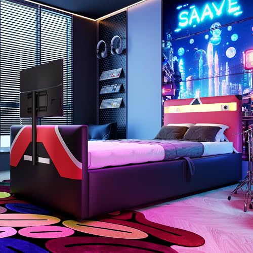 Raeln Cama tapizada 90x200 cm con Base elevable de almacenaje y Soporte para TV Cama Individual de Cuero sintético con somier de láminas para Zona Gaming y habitación Familiar