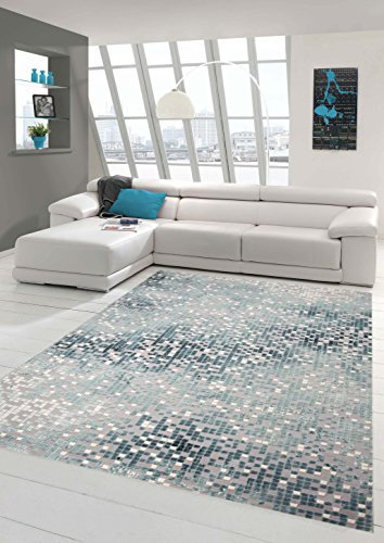 Traum Teppich Designerteppich Moderner Teppich Wohnzimmerteppich Kurzflor mit Konturenschnitt Kariert in Grau Türkis Weiß, Größe 80x150 cm