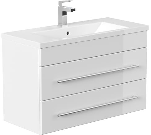 Lomadox Waschtisch 80cm mit Unterschrank in weiß Hochglanz und Mineralgussbecken-Waschbecken