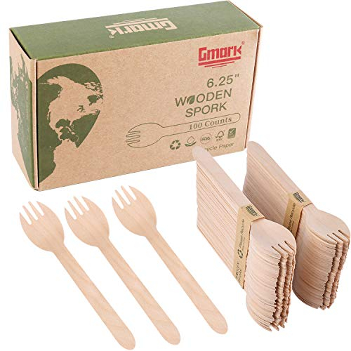Gmark Eco-Friendly Wooden Sporks 100pc, Disposable Spoon Fork 2-in-1 Cutlery, 16cm Birchwood Green Natural Product GM1033A