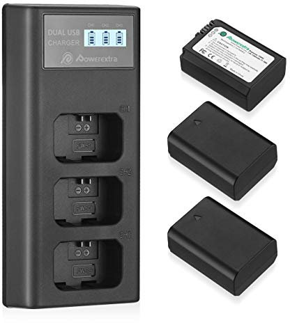 Powerextra Batería Reemplazo 3 X 1500mAh NP-FW50 Batería Rercargable con Cargador Inteligente Pantalla LCD para Alpha a6500 a6300 a6000 a7s a7 a7s II a7s a51000 a5000 a7r a7 II Digital