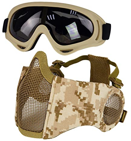 Yzpacc Taktische Airsoft Maskenbrille Set, Verstellbare Halbgesichtsmaske mit Ohrenschutz, Anti-UV, Airsoft Gläser, Augenschutz für Airsoft/BB/CS-Spiele/Jagd/Paintball/Shooting(DD)