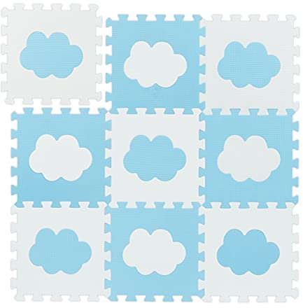 Relaxdays Puzzlematte Wolken-Muster, 18 Puzzleteile, aus schadstofffreiem EVA-Schaumstoff, BxT: 91,5 x 91,5 cm, weiß/blau