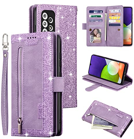 EYZUTAK Handyhülle für Samsung Galaxy A52/A52S 5G,Flip Case Lederhülle Reißverschluss Magnetverschluss Brieftasche mit 9 Kartenfächern Standfuntion Retro Matt Ledertasche-Glitzer Lila