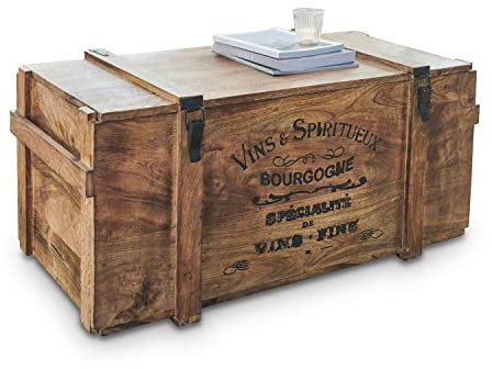 Loberon Truhe Eskeny, ausdrucksstarke Maserung, nostalgischer Schriftzug, sanfter Schließmechanismus, Aufbewahrung, Mangoholz, Eisen, braun