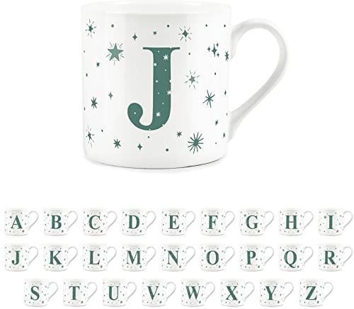 Purely Home Letter J Star Mug - Bone China White Coffee/Tea Present Gift - Alphabet Letter Mug with Stars in Teal Green Blue
