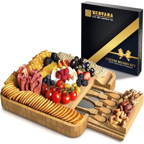 ZEDVANA Cheese Board Gift Set with 4 Piece Knives, Charcuterie Boards, Cheese Platter for Women, House Warming & Wedding Gifts