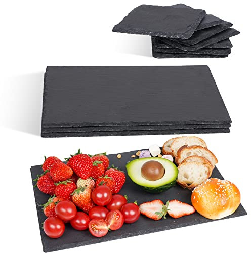 Cakocaco Set mit 4 Schiefer-Käsebrettern und 8 Untersetzern aus Schiefer, ideal zum Unterhalten und Verschenken (4 Teller und 8 Untersetzer)