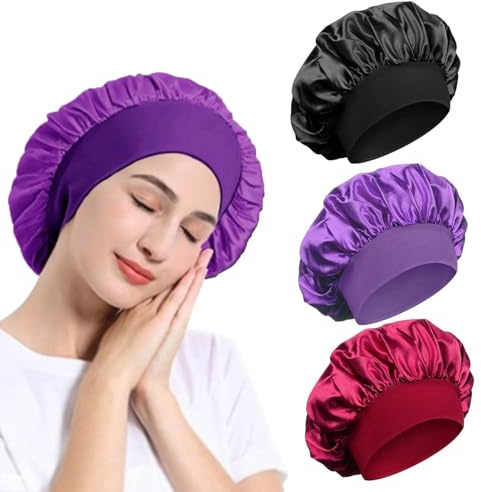 Satin Bonnet, Night Sleep Caps with Wide Elastic Band, Silk Wrap, Soft Head Cover Sleeping Hat for Women and Girls Curly Hair