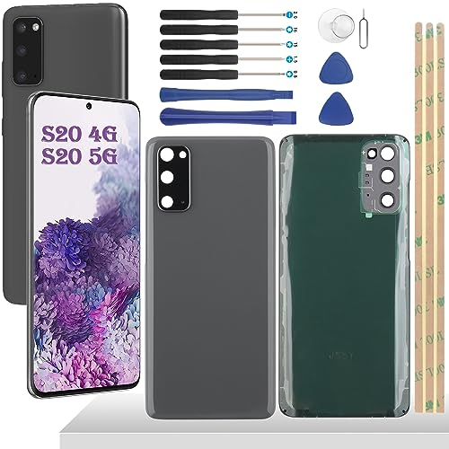 YHX-OU 6.2'' Gris Cache Batterie pour Samsung Galaxy S20 Galaxy S20 5G SM-G980 SM-G980F SM-G980F/DS Vitre arrière avec lentille, Coque arrière de Batterie Remplacement + Outil d'installation